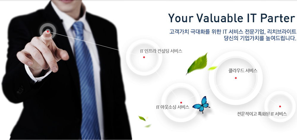 Your Valable IT Parter 고객가치 극대화를 위한 IT 서비스 전문기업, 리치브라이트 당신의 기업가치를 높여드립니다. IT인프라 컨설팅 서비스, IT 아웃소싱 서비스, 클라우드 서비스, 전문적이고 특화된 IT 서비스